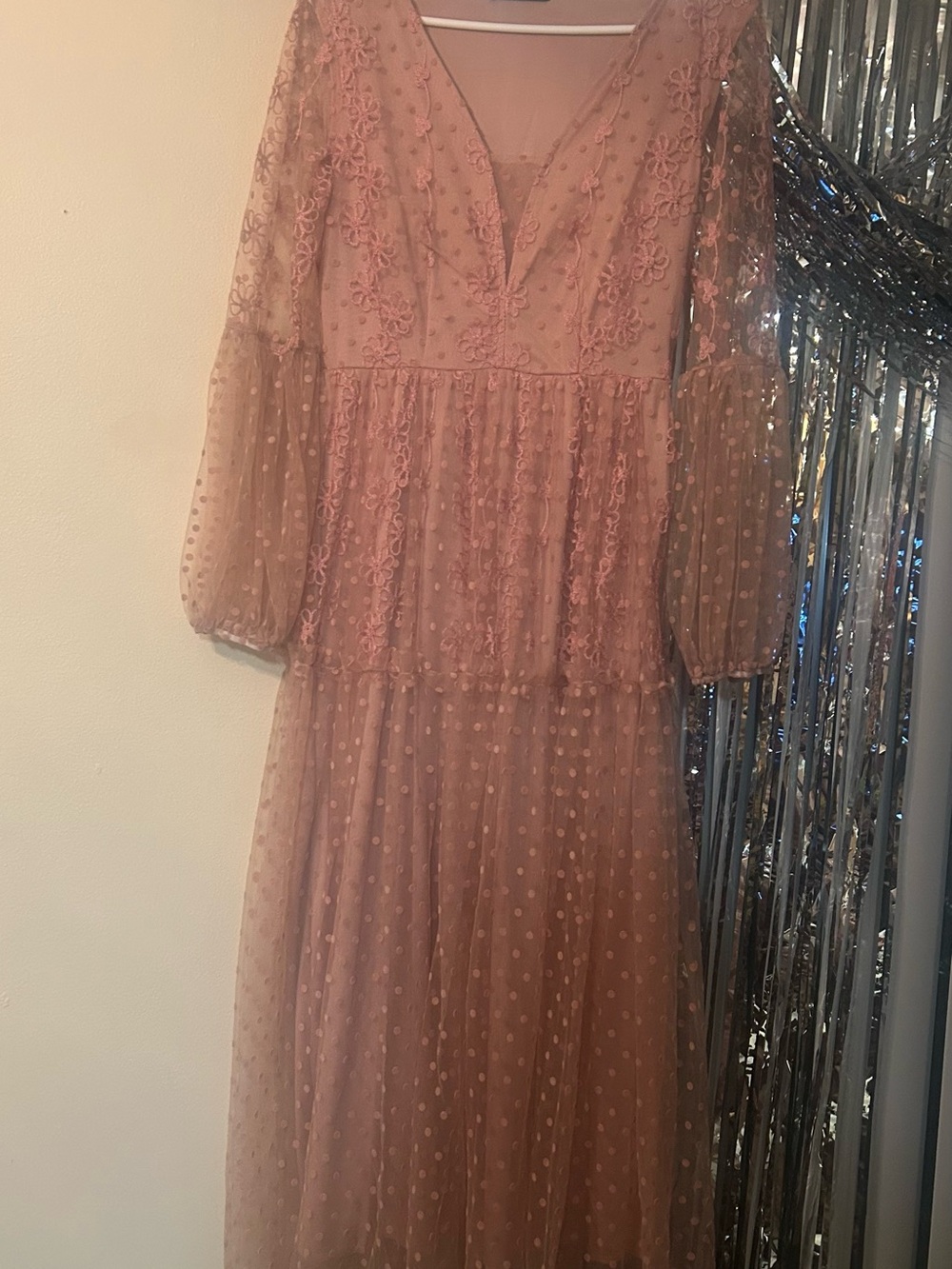 Ladies Dusty Rose Embroidered V‑Neck Long Sleeve Maxi Dress